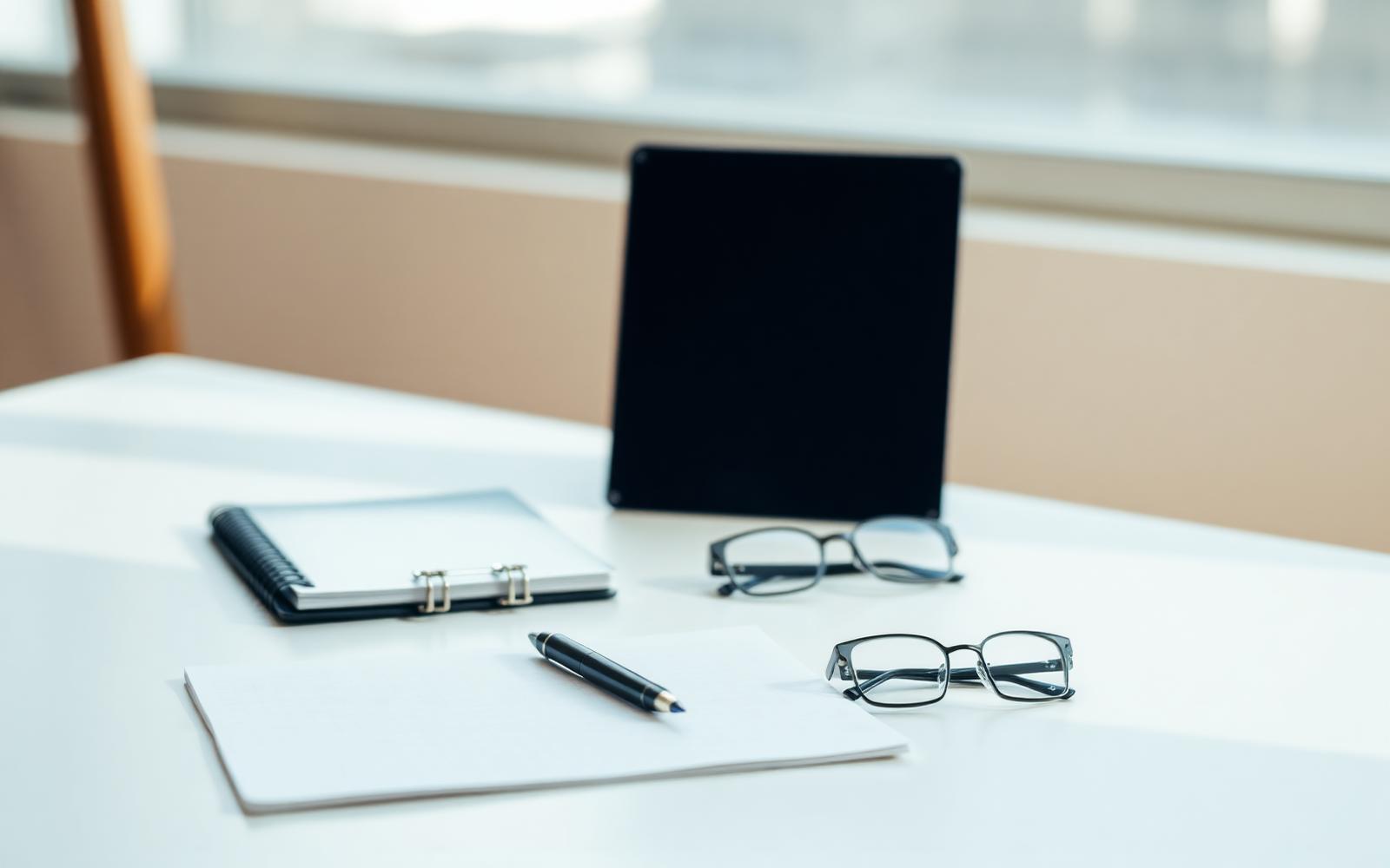 A clean desk with a notepad, pen, and reading glasses